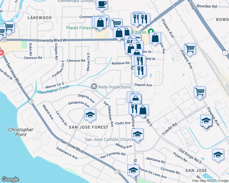 map of restaurants, bars, coffee shops, grocery stores, and more near 2920 Dupont Avenue in Jacksonville