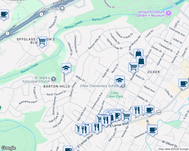 map of restaurants, bars, coffee shops, grocery stores, and more near 1908 Airole Way in Austin