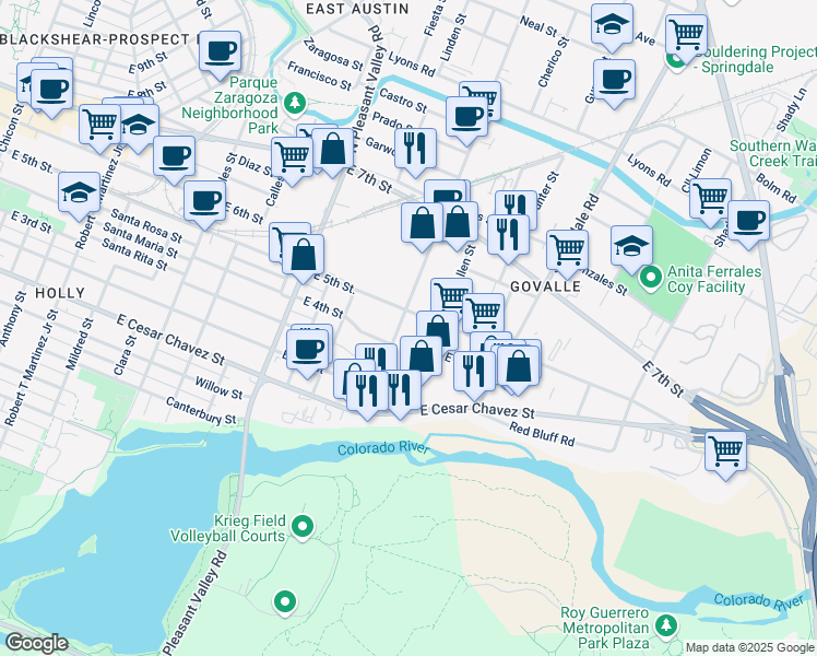 map of restaurants, bars, coffee shops, grocery stores, and more near in Austin