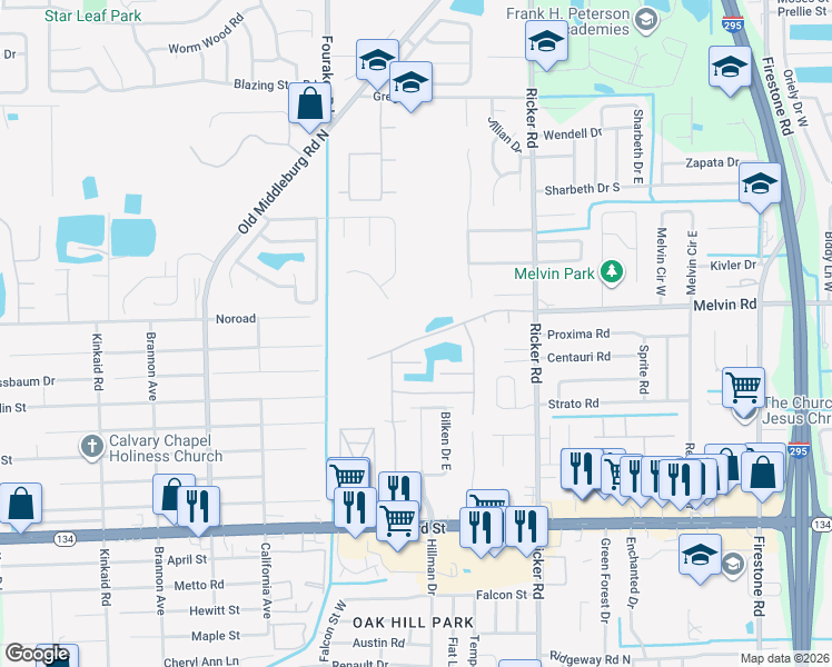 map of restaurants, bars, coffee shops, grocery stores, and more near 7831 Melvin Road in Jacksonville