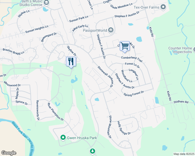 map of restaurants, bars, coffee shops, grocery stores, and more near 714 Casper Court in Conroe