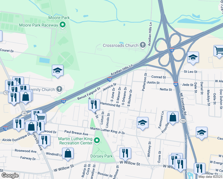 map of restaurants, bars, coffee shops, grocery stores, and more near 138 South June Drive in Lafayette