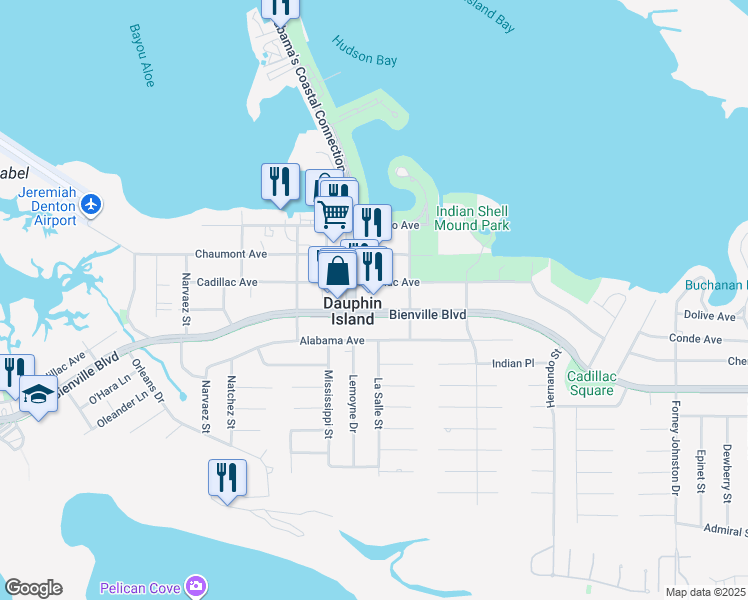 map of restaurants, bars, coffee shops, grocery stores, and more near 919 Cadillac Avenue in Dauphin Island