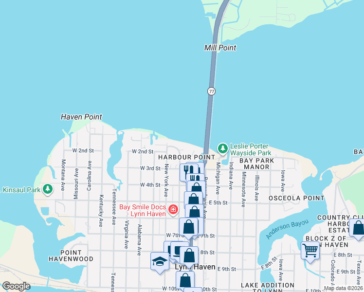 map of restaurants, bars, coffee shops, grocery stores, and more near 105 Florida Avenue in Lynn Haven