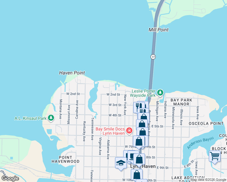 map of restaurants, bars, coffee shops, grocery stores, and more near 109 Alabama Avenue in Lynn Haven