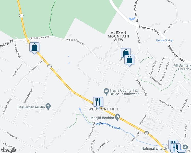 map of restaurants, bars, coffee shops, grocery stores, and more near 8921 Mountain Shadows Cove in Austin