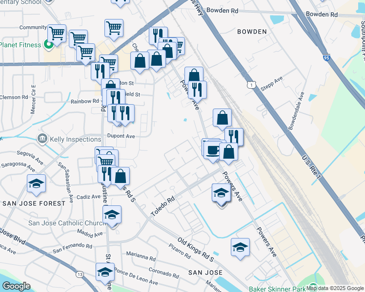 map of restaurants, bars, coffee shops, grocery stores, and more near 3918 La Mirada Drive North in Jacksonville