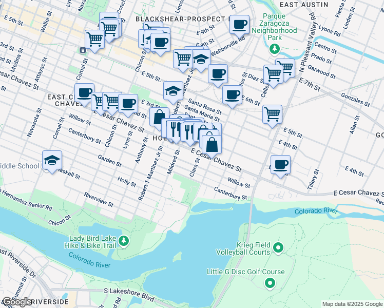 map of restaurants, bars, coffee shops, grocery stores, and more near 2305 East Cesar Chavez Street in Austin