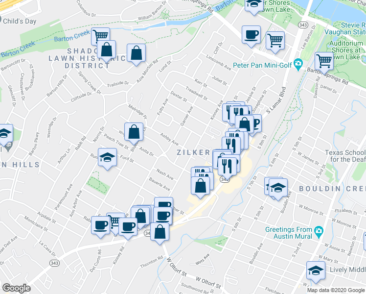 map of restaurants, bars, coffee shops, grocery stores, and more near Ashby Ave & Oxford Ave in Austin