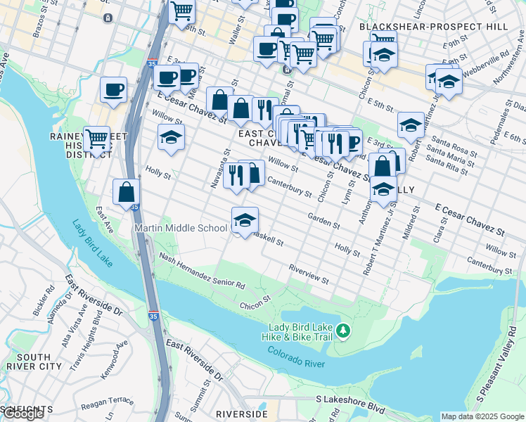map of restaurants, bars, coffee shops, grocery stores, and more near 1614 Holly Street in Austin