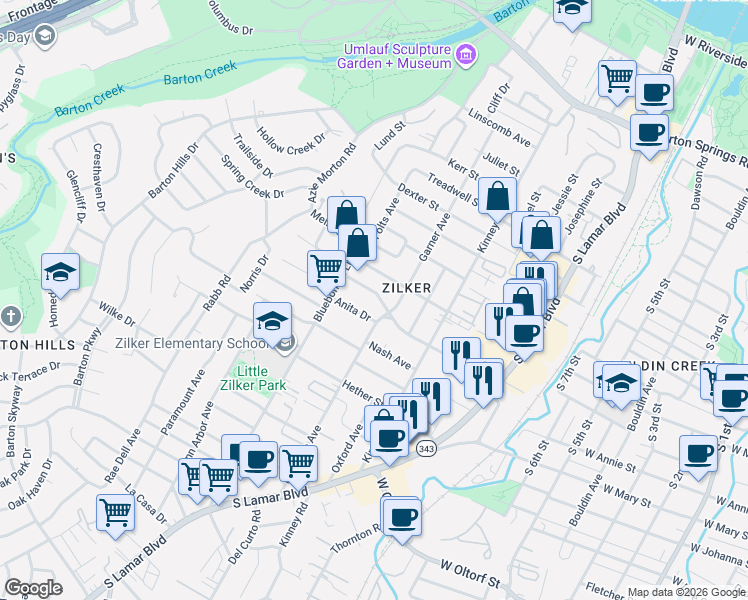 map of restaurants, bars, coffee shops, grocery stores, and more near 1809 Collier Street in Austin