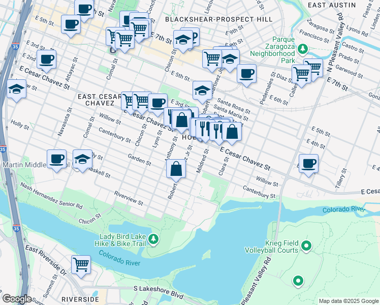 map of restaurants, bars, coffee shops, grocery stores, and more near 2204 Willow Street in Austin