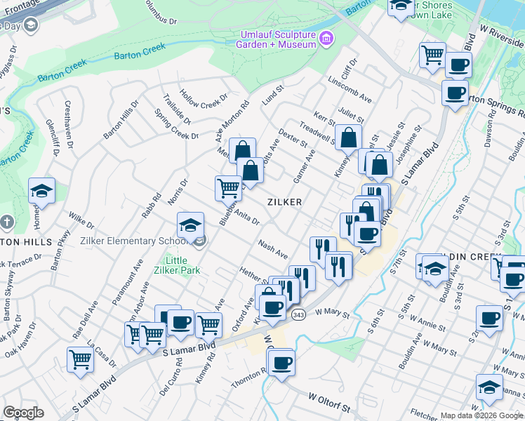 map of restaurants, bars, coffee shops, grocery stores, and more near 1810 Collier Street in Austin