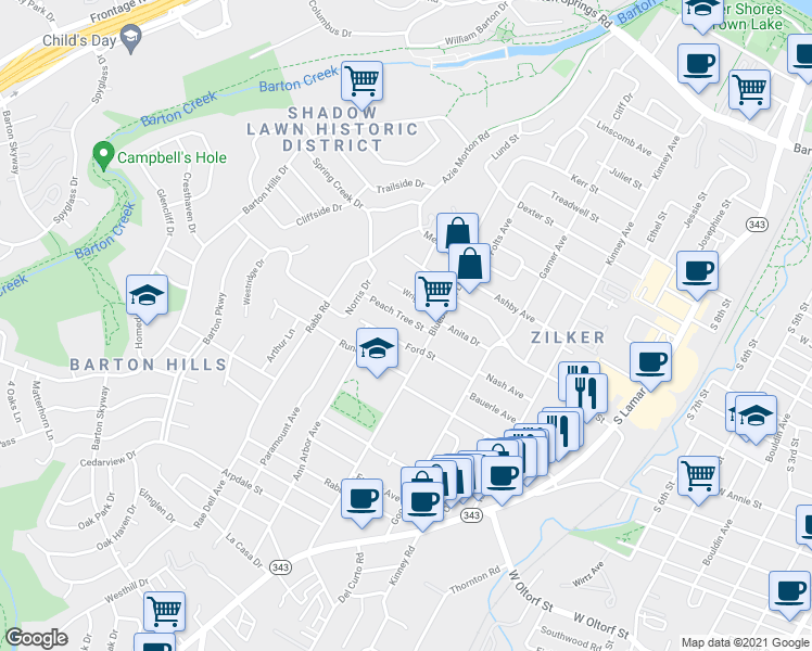 map of restaurants, bars, coffee shops, grocery stores, and more near 2011 Peach Tree Street in Austin