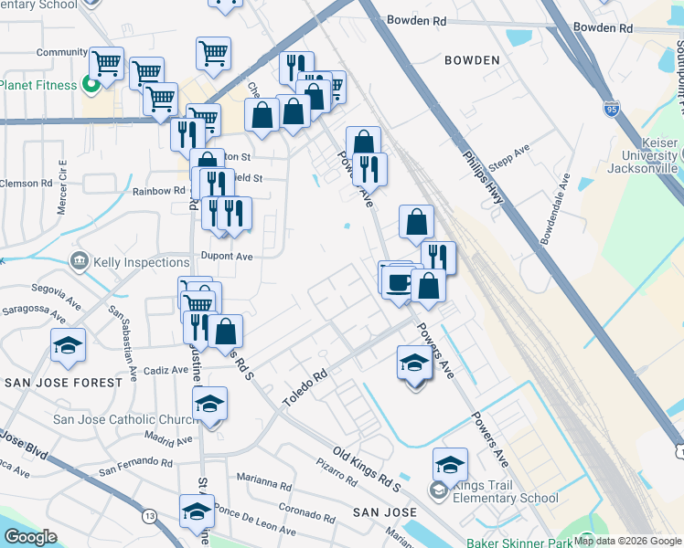 map of restaurants, bars, coffee shops, grocery stores, and more near 3918 La Mirada Drive North in Jacksonville