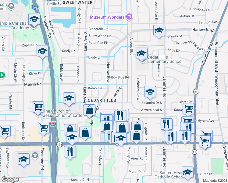 map of restaurants, bars, coffee shops, grocery stores, and more near 4622 Morley Lane in Jacksonville