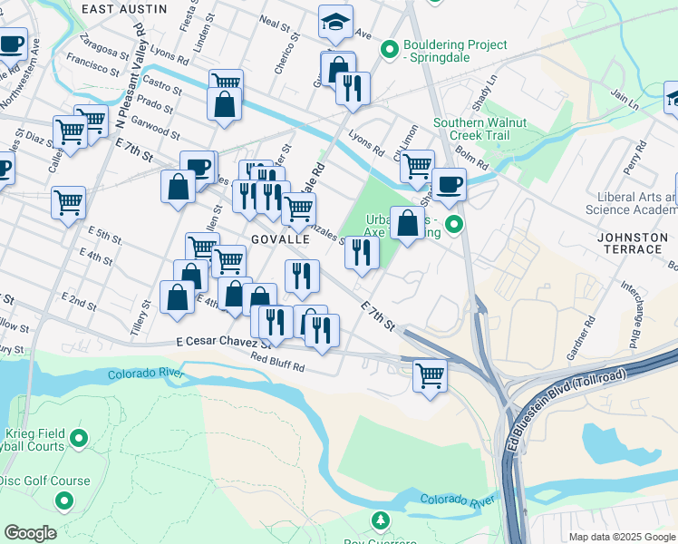 map of restaurants, bars, coffee shops, grocery stores, and more near 641 Mansell Avenue in Austin