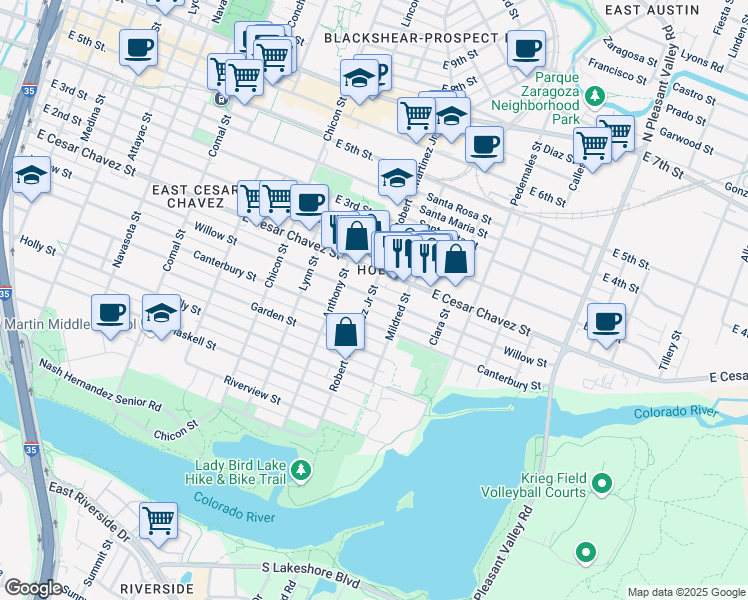 map of restaurants, bars, coffee shops, grocery stores, and more near 2204 Willow Street in Austin