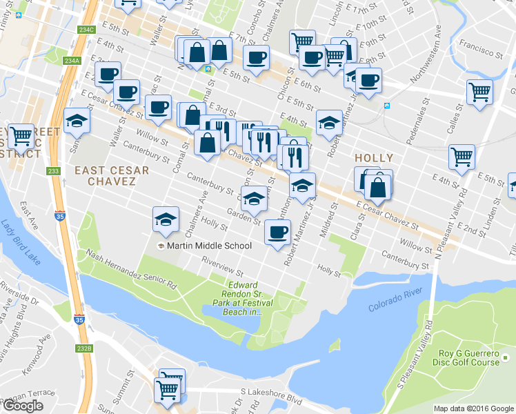 map of restaurants, bars, coffee shops, grocery stores, and more near 1907 Canterbury Street in Austin