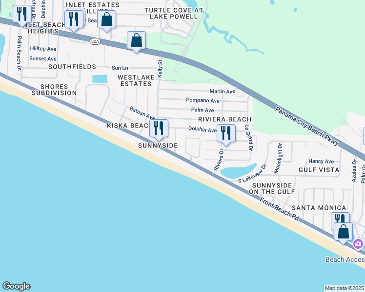 map of restaurants, bars, coffee shops, grocery stores, and more near 129 La Valencia Circle in Panama City Beach