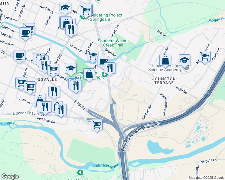 map of restaurants, bars, coffee shops, grocery stores, and more near 771 Airport Boulevard in Austin