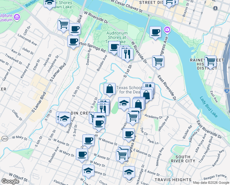 map of restaurants, bars, coffee shops, grocery stores, and more near 900 South 1st Street in Austin