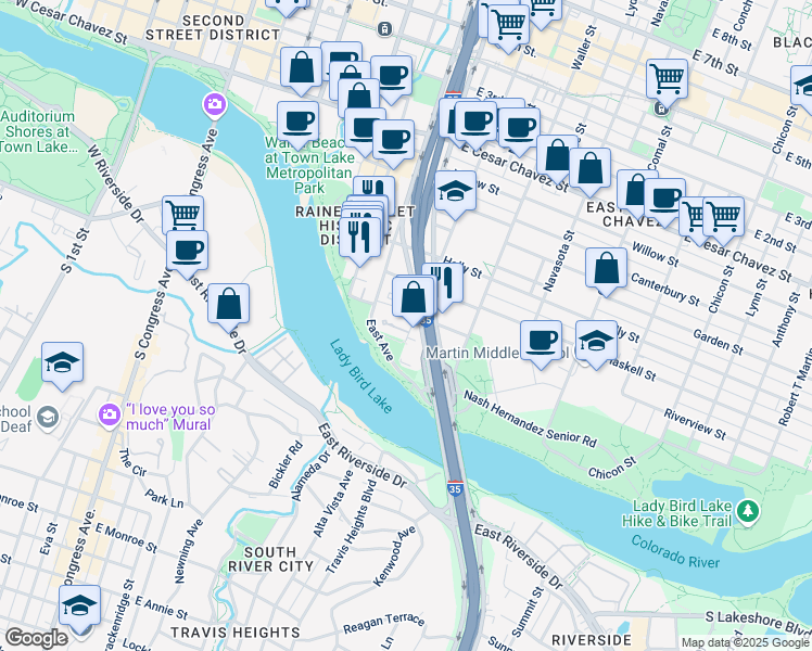 map of restaurants, bars, coffee shops, grocery stores, and more near 34 San Marcos Street in Austin