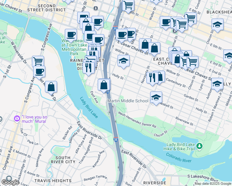 map of restaurants, bars, coffee shops, grocery stores, and more near 1104 Clermont Avenue in Austin