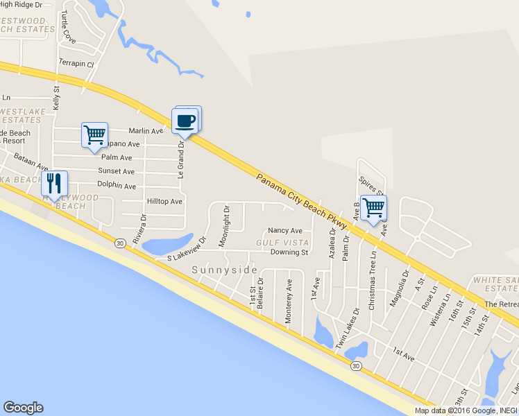 map of restaurants, bars, coffee shops, grocery stores, and more near 20943 S Lakeview Dr in Panama City Beach