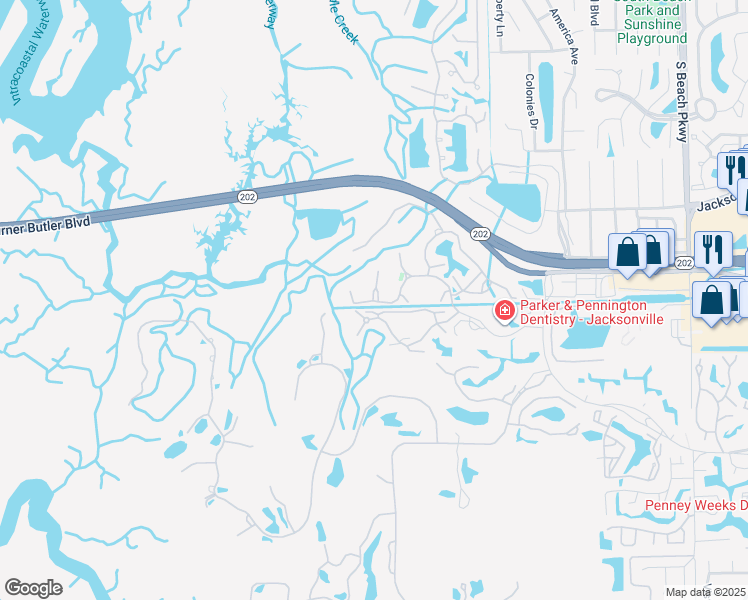 map of restaurants, bars, coffee shops, grocery stores, and more near The Greens Way in Jacksonville Beach