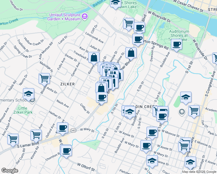 map of restaurants, bars, coffee shops, grocery stores, and more near 1212 South Lamar Boulevard in Austin