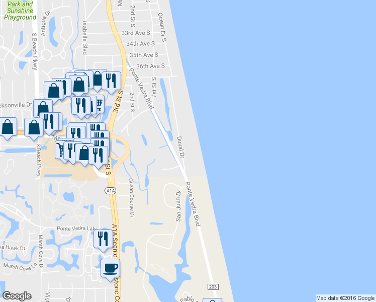 map of restaurants, bars, coffee shops, grocery stores, and more near 4241 Duval Drive in Jacksonville Beach