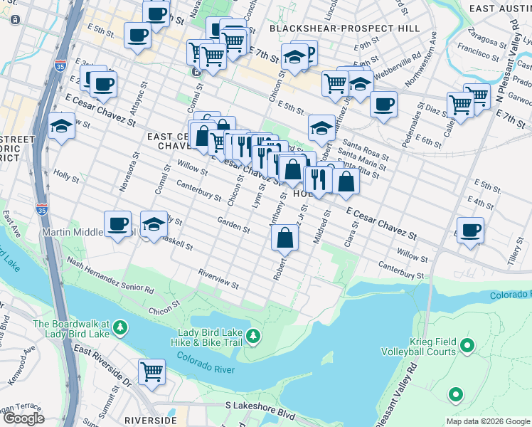 map of restaurants, bars, coffee shops, grocery stores, and more near 2008 Canterbury Street in Austin