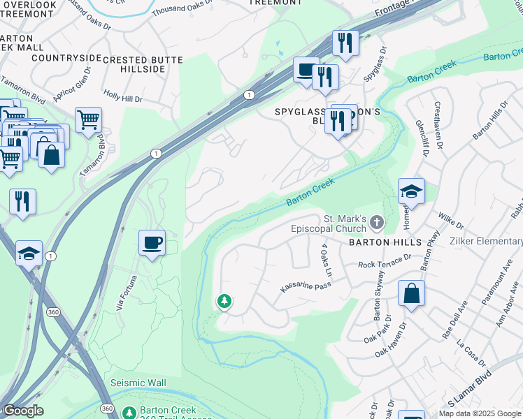 map of restaurants, bars, coffee shops, grocery stores, and more near Barton Creek Greenbelt Trail in Austin