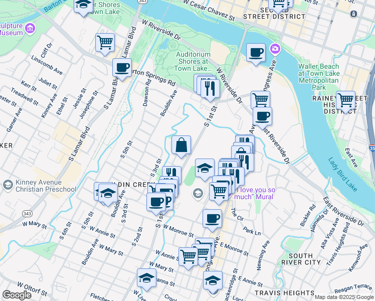 map of restaurants, bars, coffee shops, grocery stores, and more near 900 South 1st Street in Austin