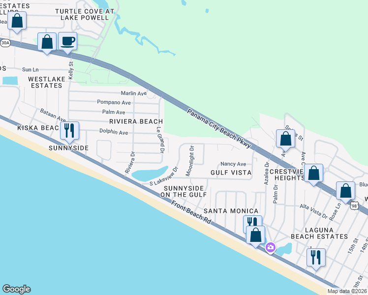 map of restaurants, bars, coffee shops, grocery stores, and more near 21115 South Lakeview Drive in Panama City Beach