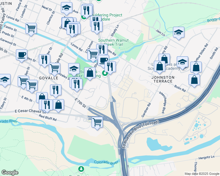 map of restaurants, bars, coffee shops, grocery stores, and more near 771 Airport Boulevard in Austin