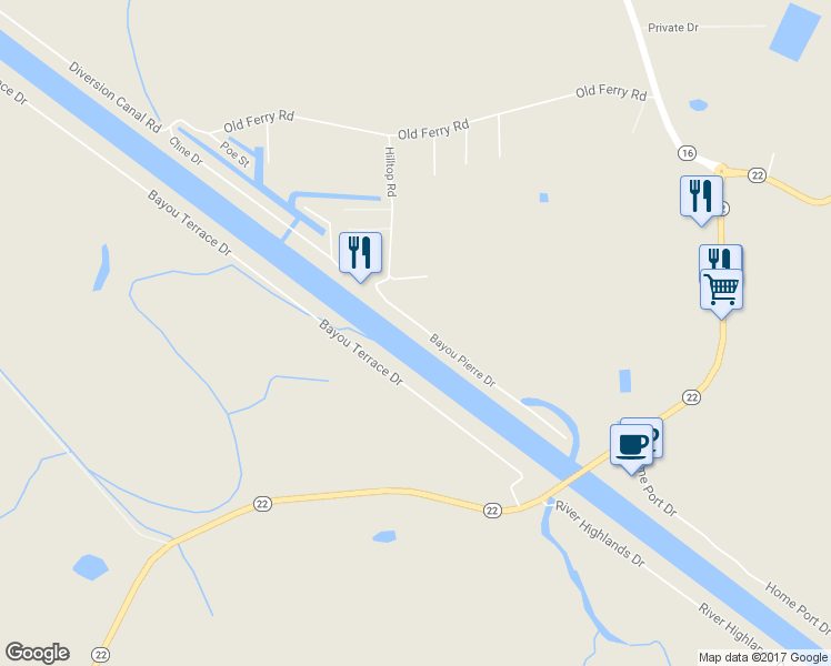 map of restaurants, bars, coffee shops, grocery stores, and more near 18048 Bayou Pierre Drive in Maurepas