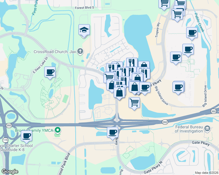 map of restaurants, bars, coffee shops, grocery stores, and more near 4838 Gate Parkway North in Jacksonville
