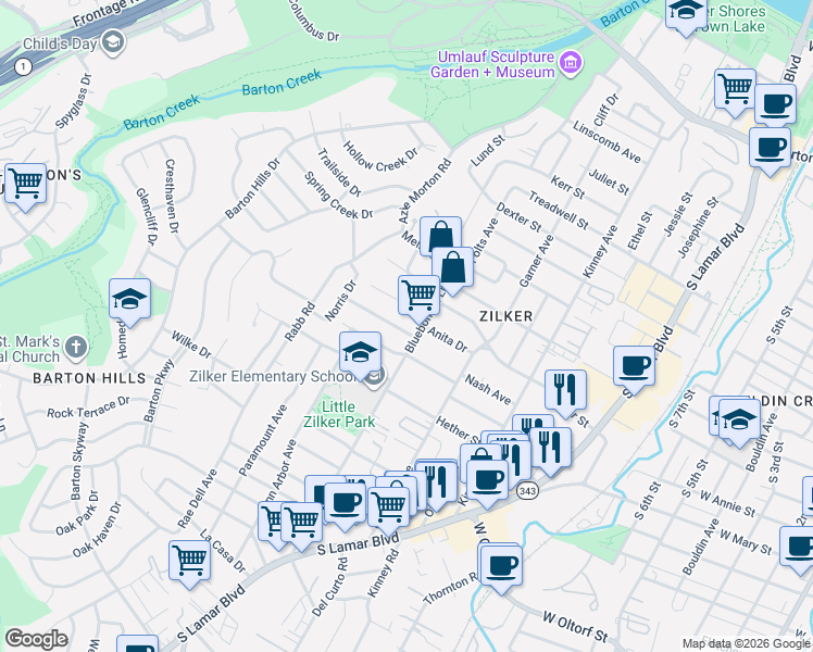 map of restaurants, bars, coffee shops, grocery stores, and more near 2004 Peach Tree Street in Austin
