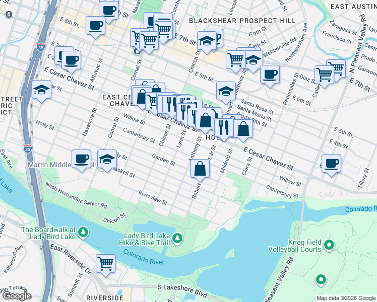 map of restaurants, bars, coffee shops, grocery stores, and more near 2010 Canterbury Street in Austin