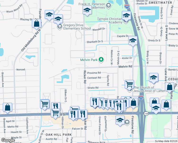 map of restaurants, bars, coffee shops, grocery stores, and more near 7560 Melvin Road in Jacksonville