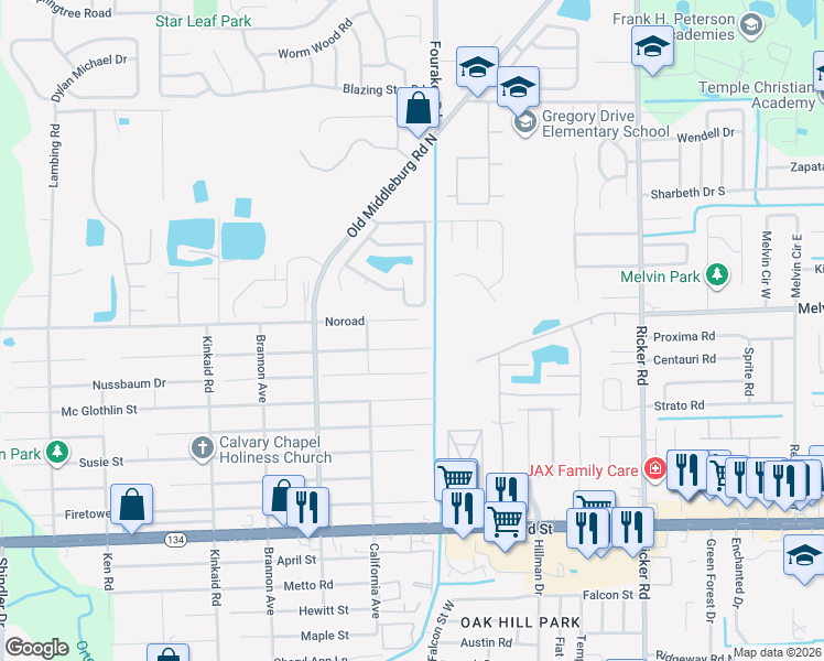 map of restaurants, bars, coffee shops, grocery stores, and more near 8004 Noroad in Jacksonville
