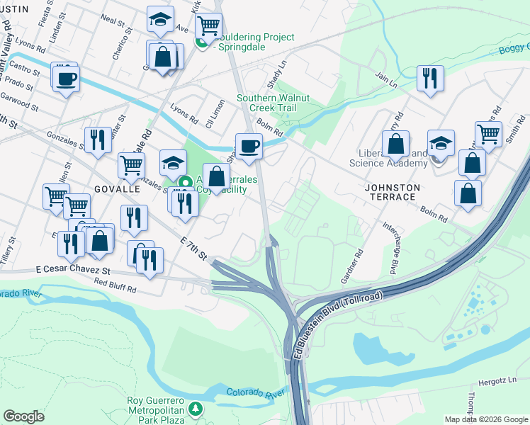 map of restaurants, bars, coffee shops, grocery stores, and more near 771 Airport Boulevard in Austin