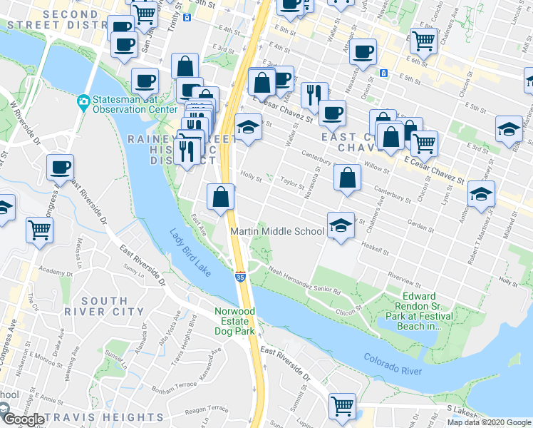 map of restaurants, bars, coffee shops, grocery stores, and more near 1207 Haskell Street in Austin