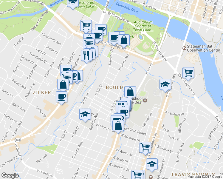 map of restaurants, bars, coffee shops, grocery stores, and more near 1004 Bouldin Avenue in Austin