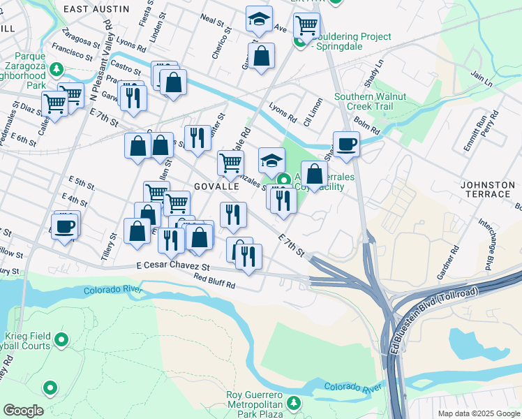 map of restaurants, bars, coffee shops, grocery stores, and more near 4910 East 7th Street in Austin