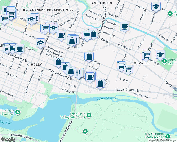 map of restaurants, bars, coffee shops, grocery stores, and more near 2802 East 3rd Street in Austin