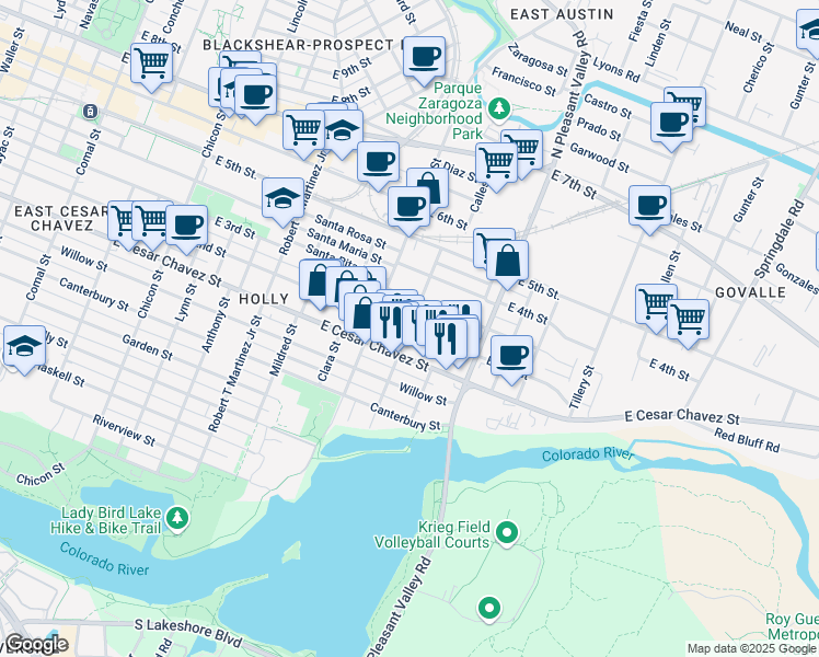 map of restaurants, bars, coffee shops, grocery stores, and more near E 2nd St & San Saba St in Austin