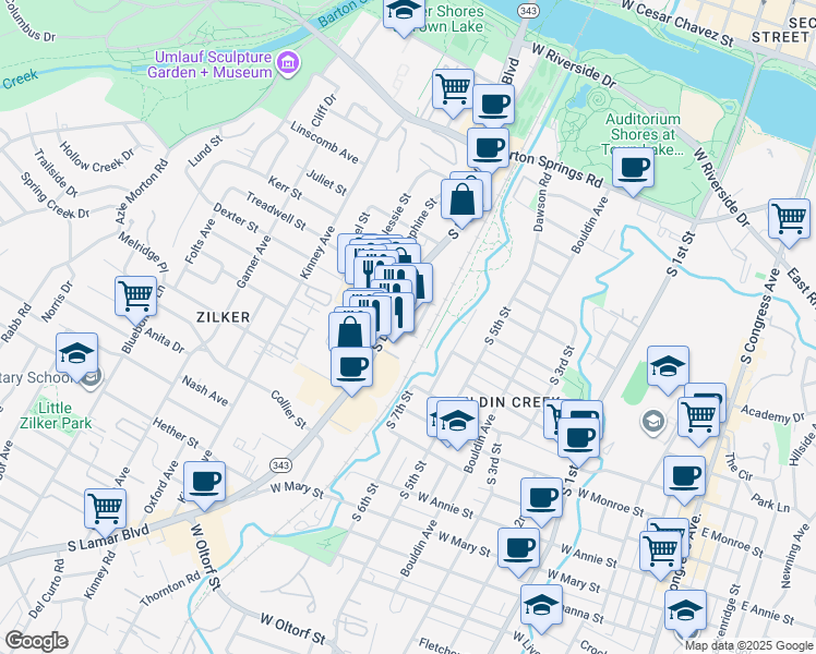 map of restaurants, bars, coffee shops, grocery stores, and more near 1100 South 8th Street in Austin
